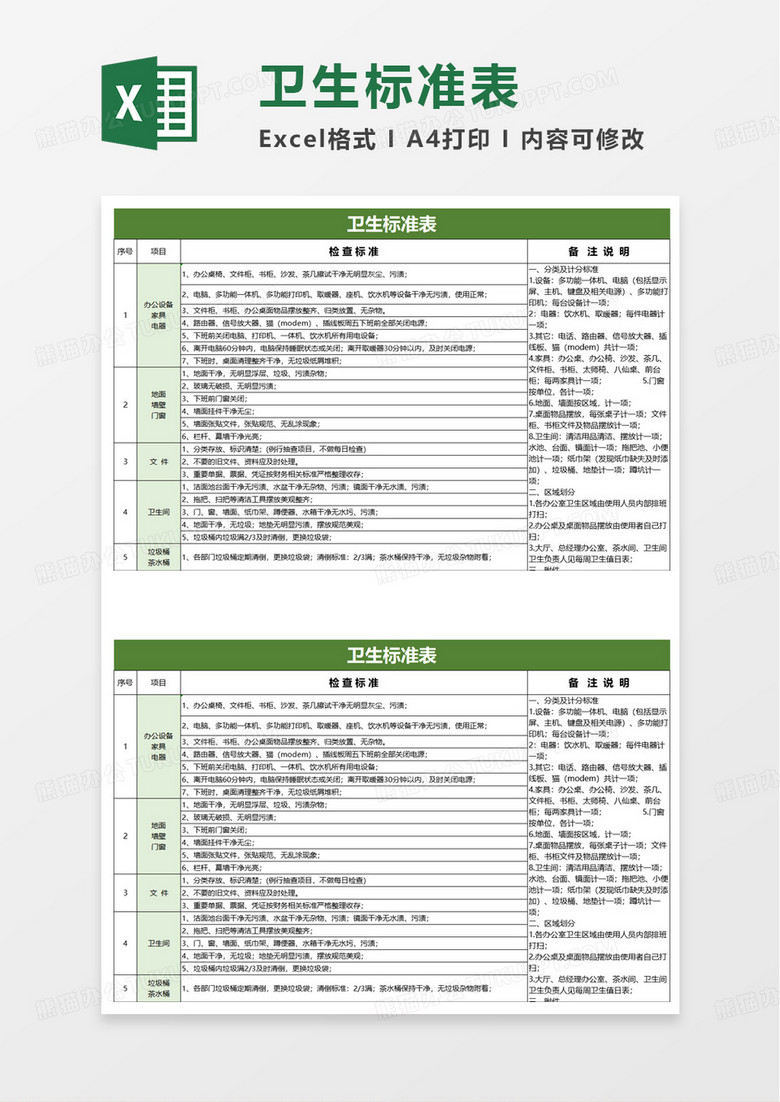 行政办公室卫生检查表excel模板