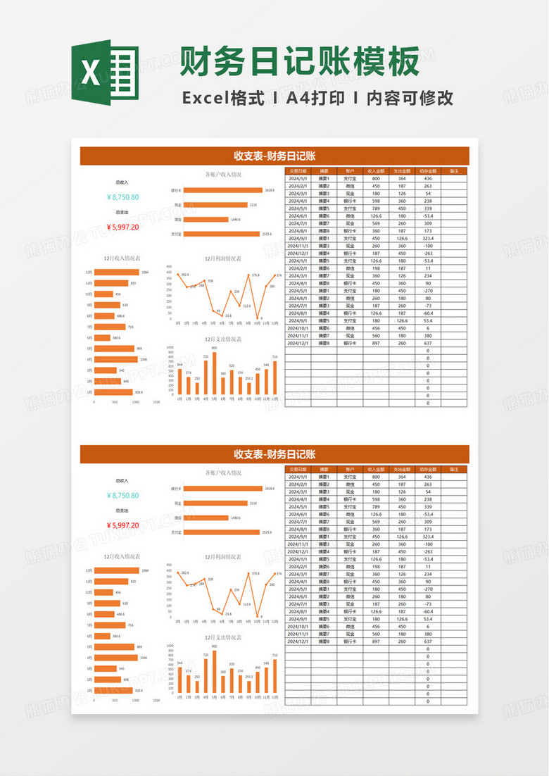 收支表-财务日记账excel模板