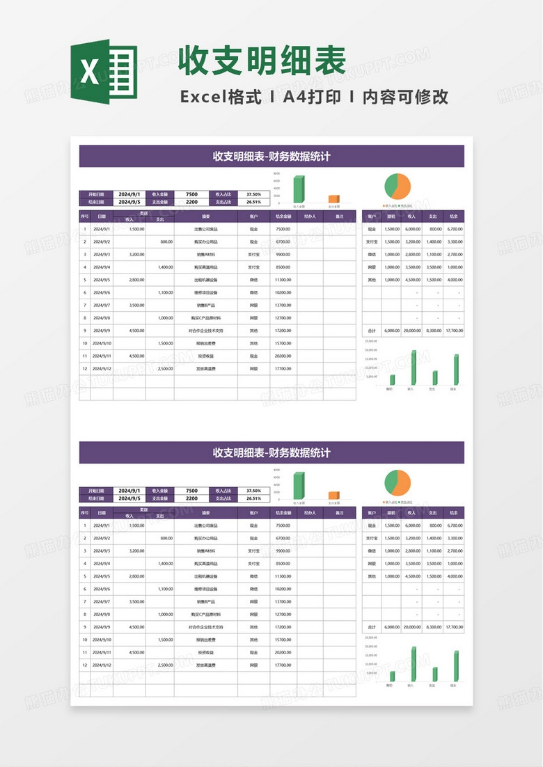 简洁通用商务财务收支表excel模板