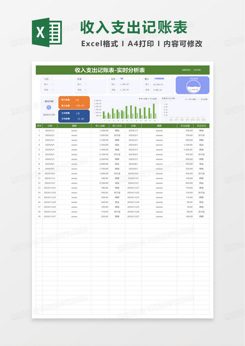 收入支出记账表-实时分析表excel模板