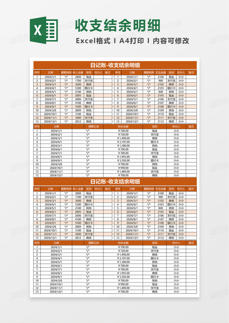 日记账收支结余明细表excel模板