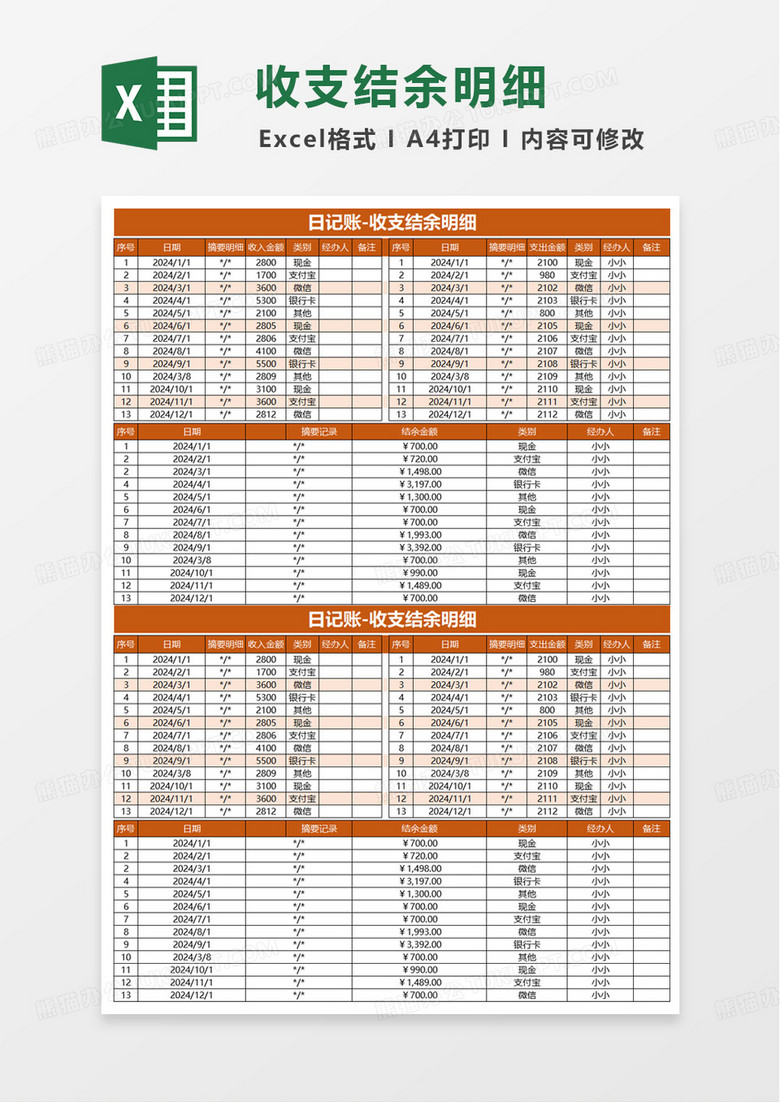 日记账收支结余明细表excel模板