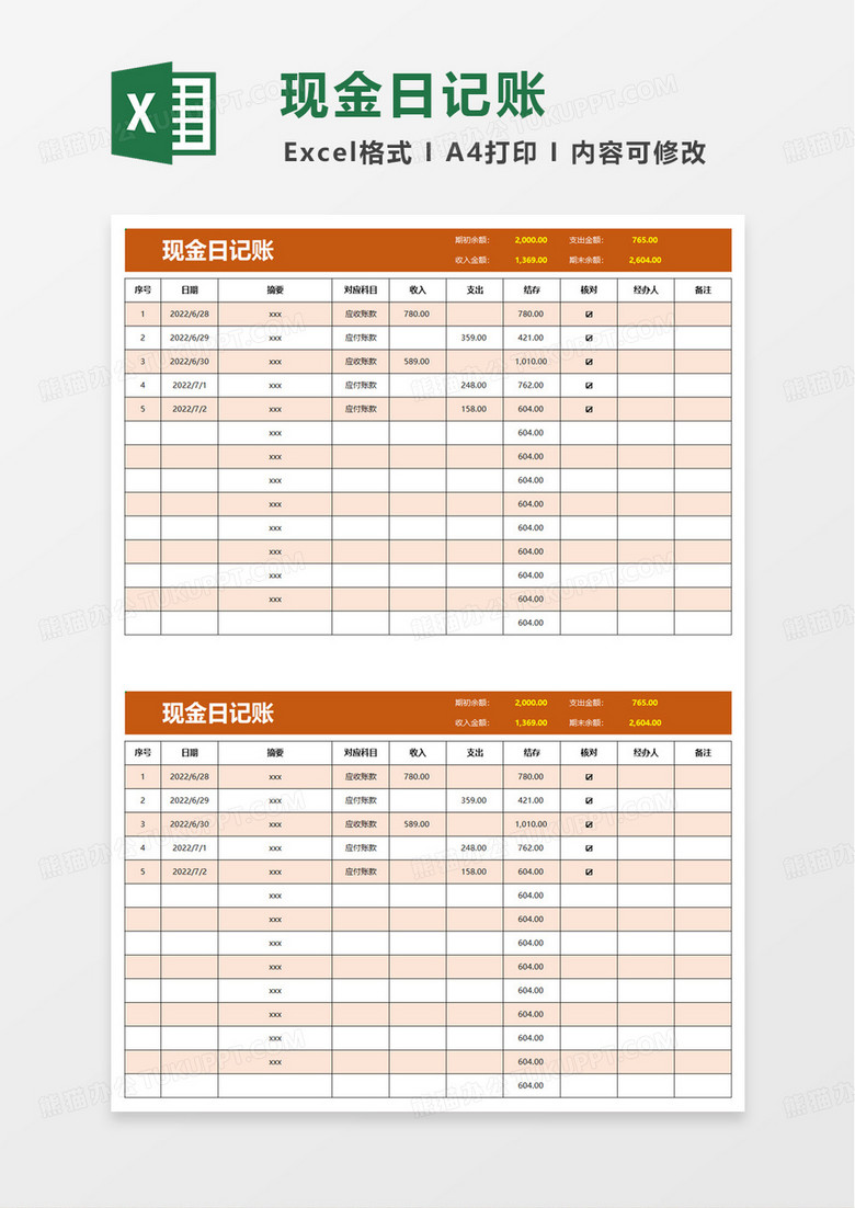 简洁实用现金日记账收支明细表excel模板