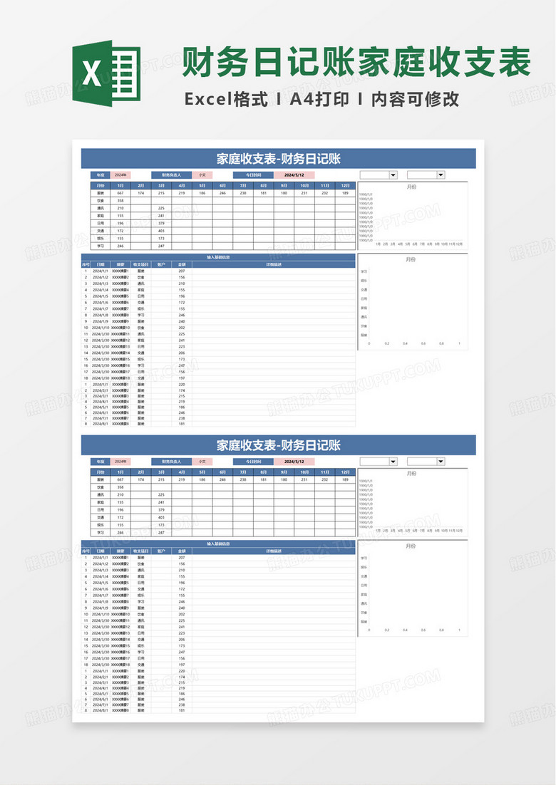 家庭收支表财务日记账excel模板