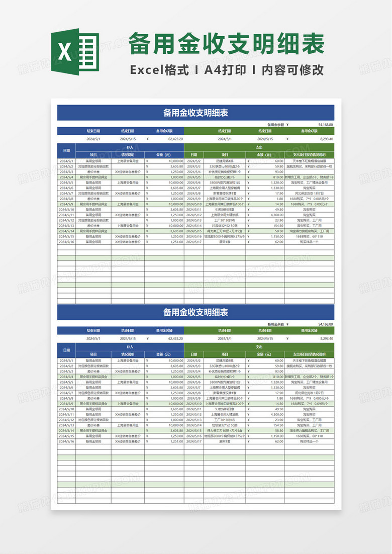 备用金收支结余明细表excel模板