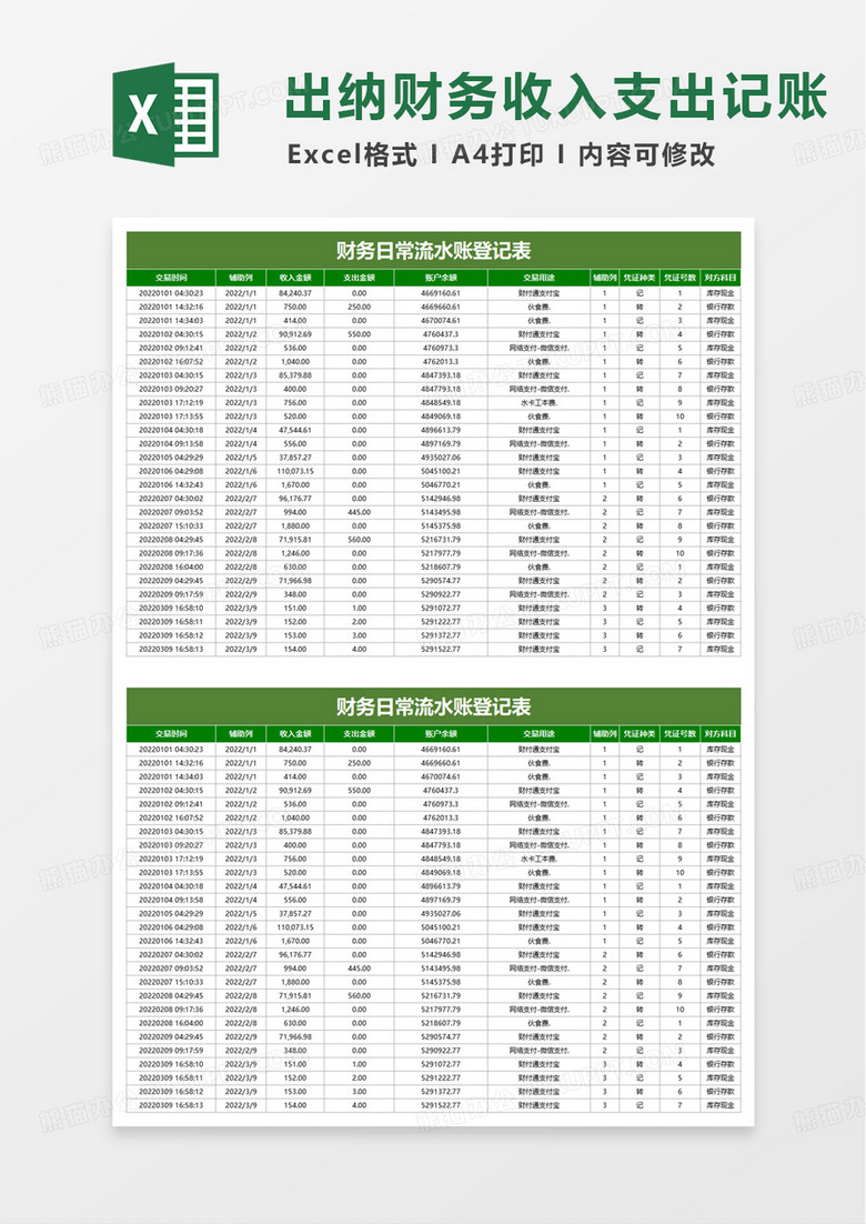 简洁日常流水账自动生成出纳日记账excel模板