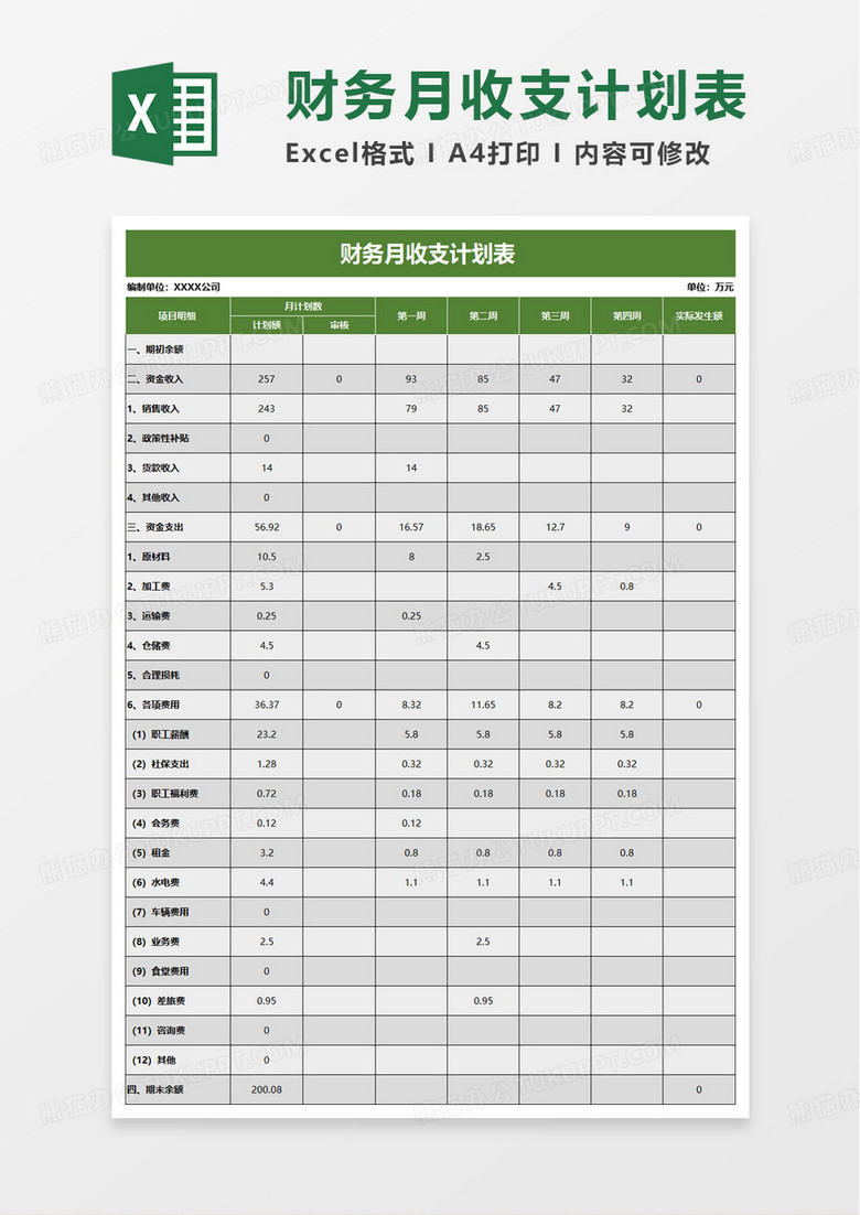 财务月收支计划表excel模板