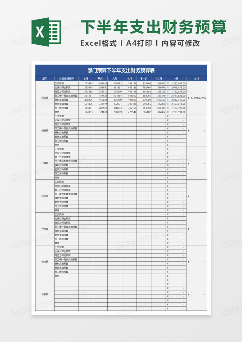 部门下半年支出财务预算表excel模板