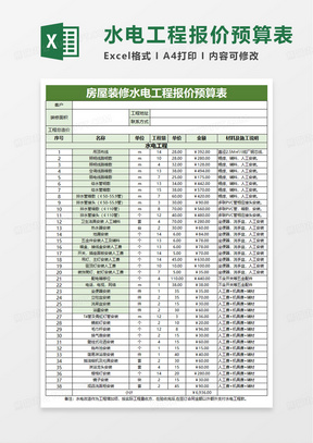 房屋装修水电工程报价预算表excel模板