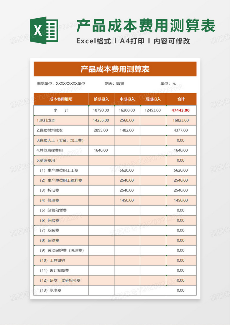 产品成本费用测算表excel模板