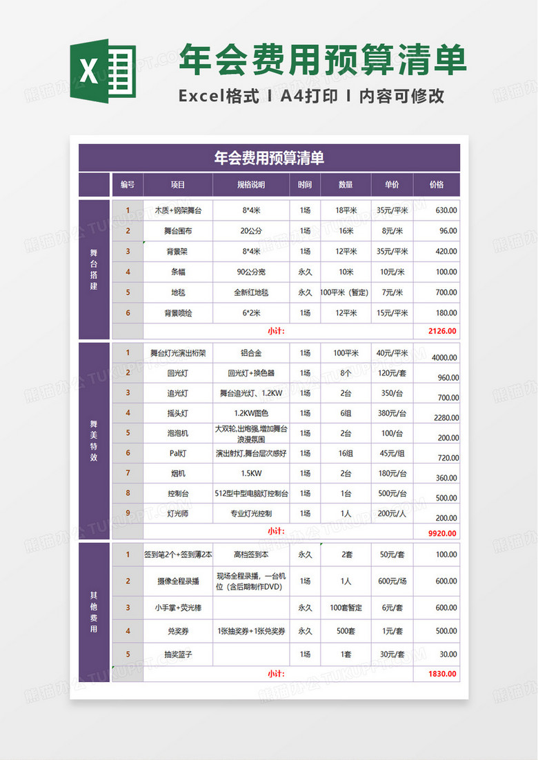 商务年会费用预算excel模板