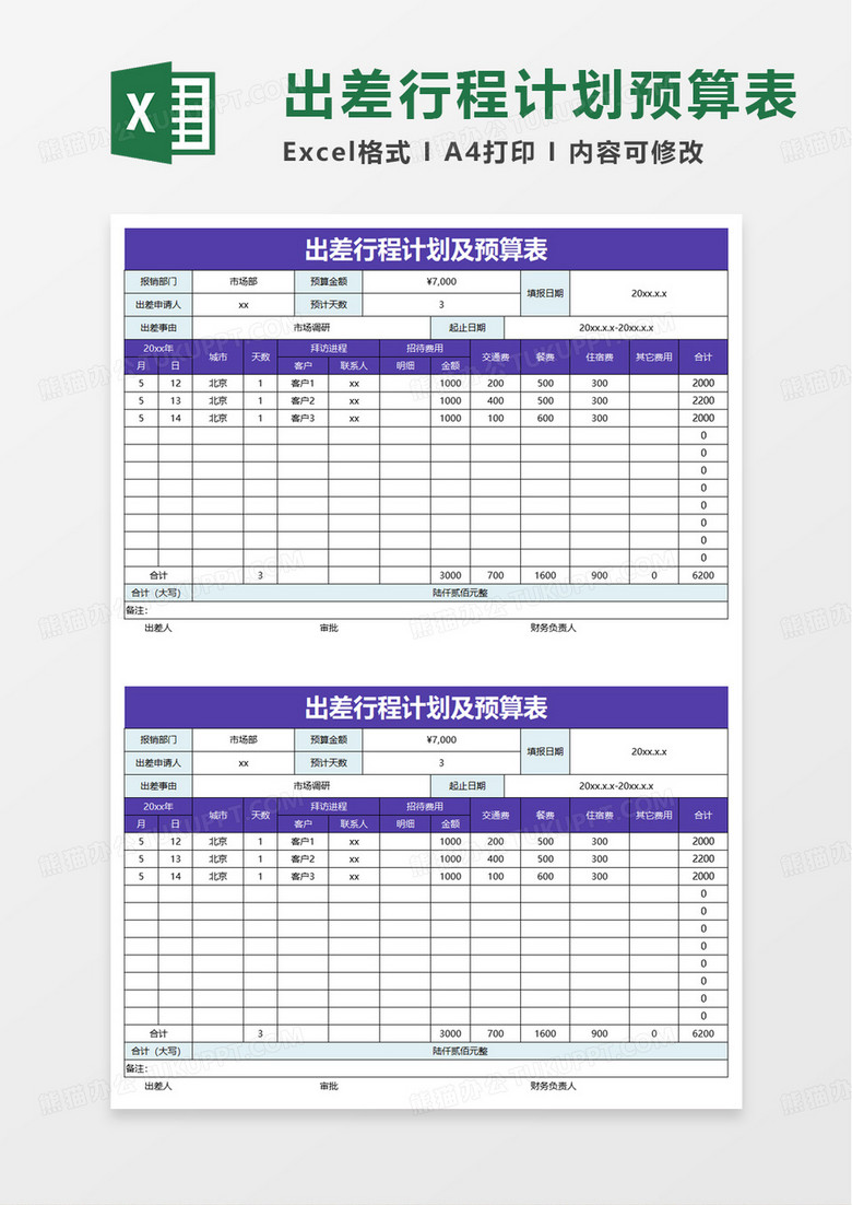 通用出差行程计划及预算表excel模板