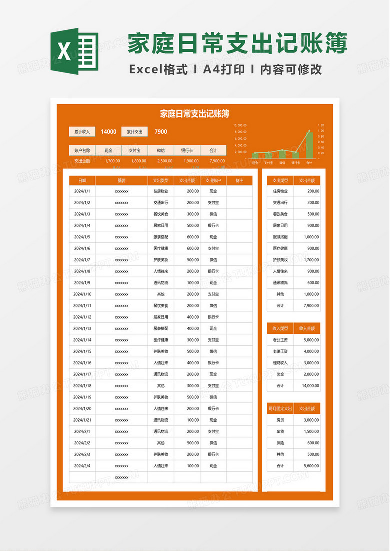 家庭日常收支记账簿excel模版