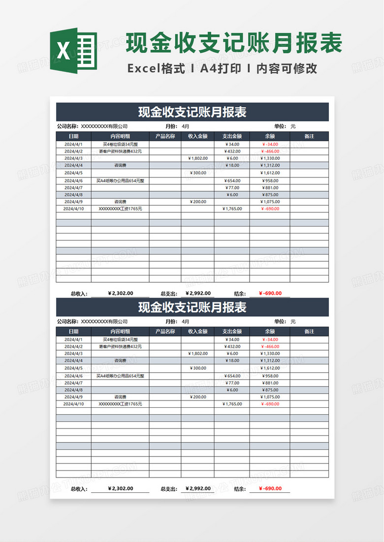 现金收支记账月报表excel模版