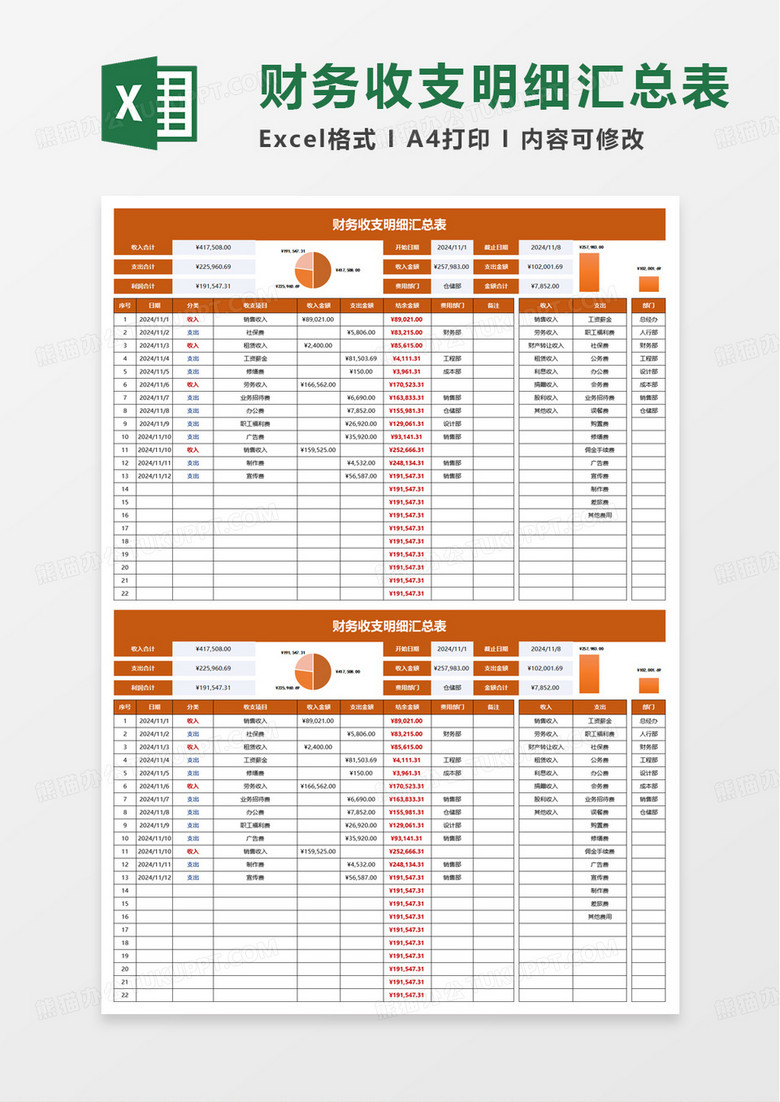 财务收支明细汇总表excel模版