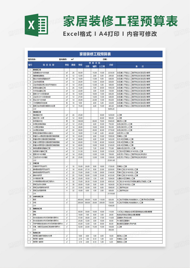 装修预算明细表excel模版