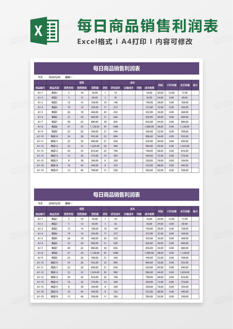 每日商品销售利润表excel模板