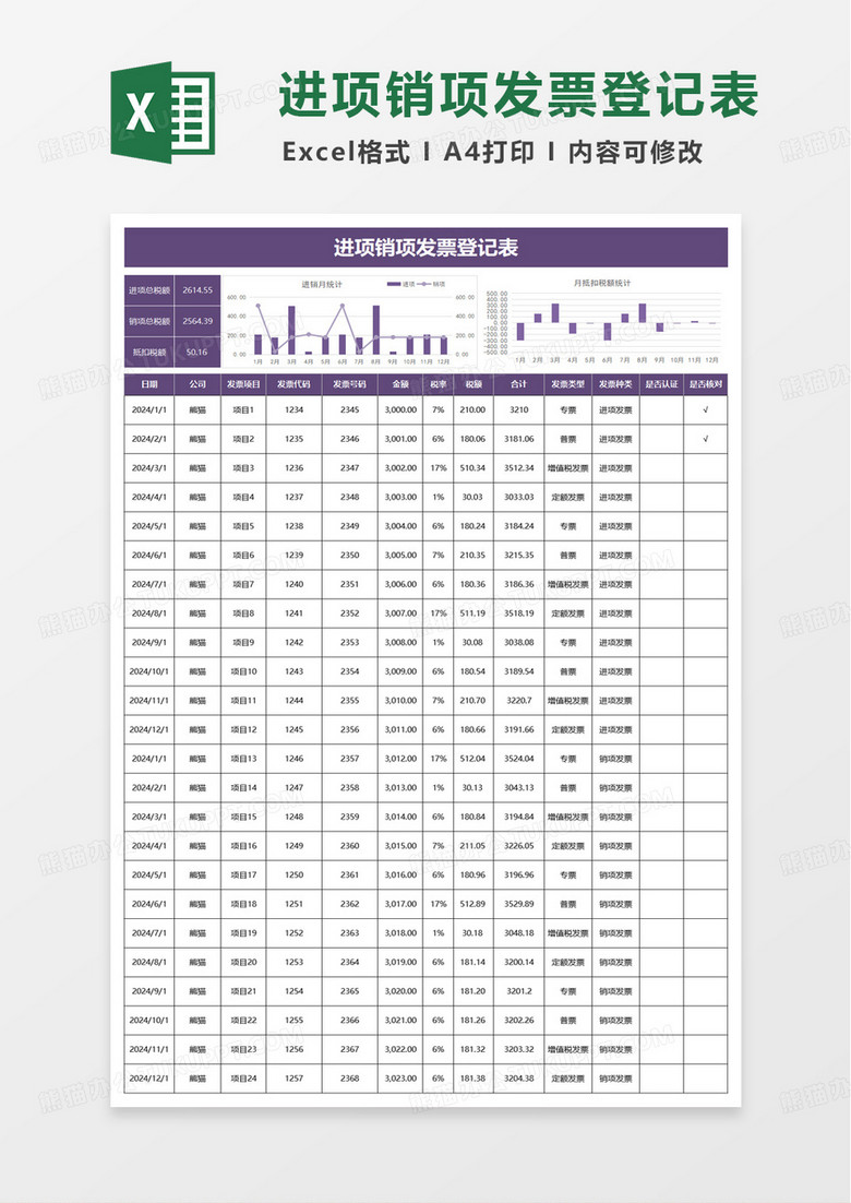 简洁进项销项发票登记表excel模板
