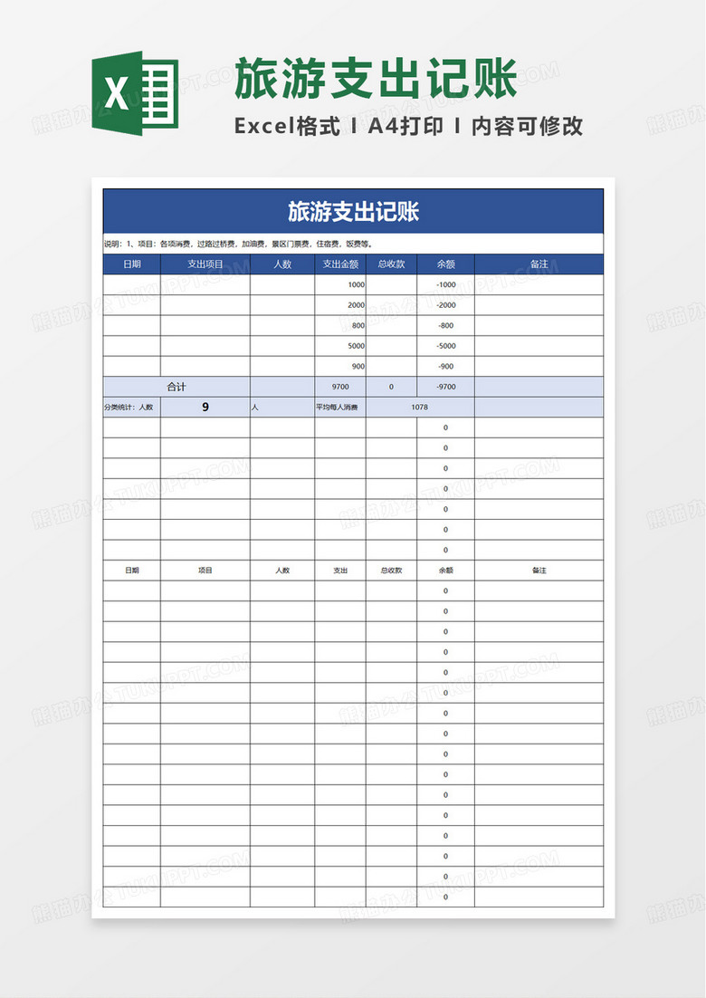旅游支出记账excel模板