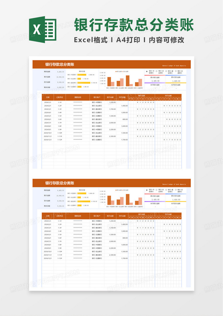 橙色银行存款总分类账excel模板