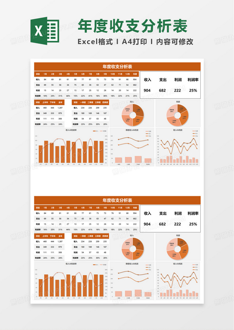 橙色年度收支分析表excel模板