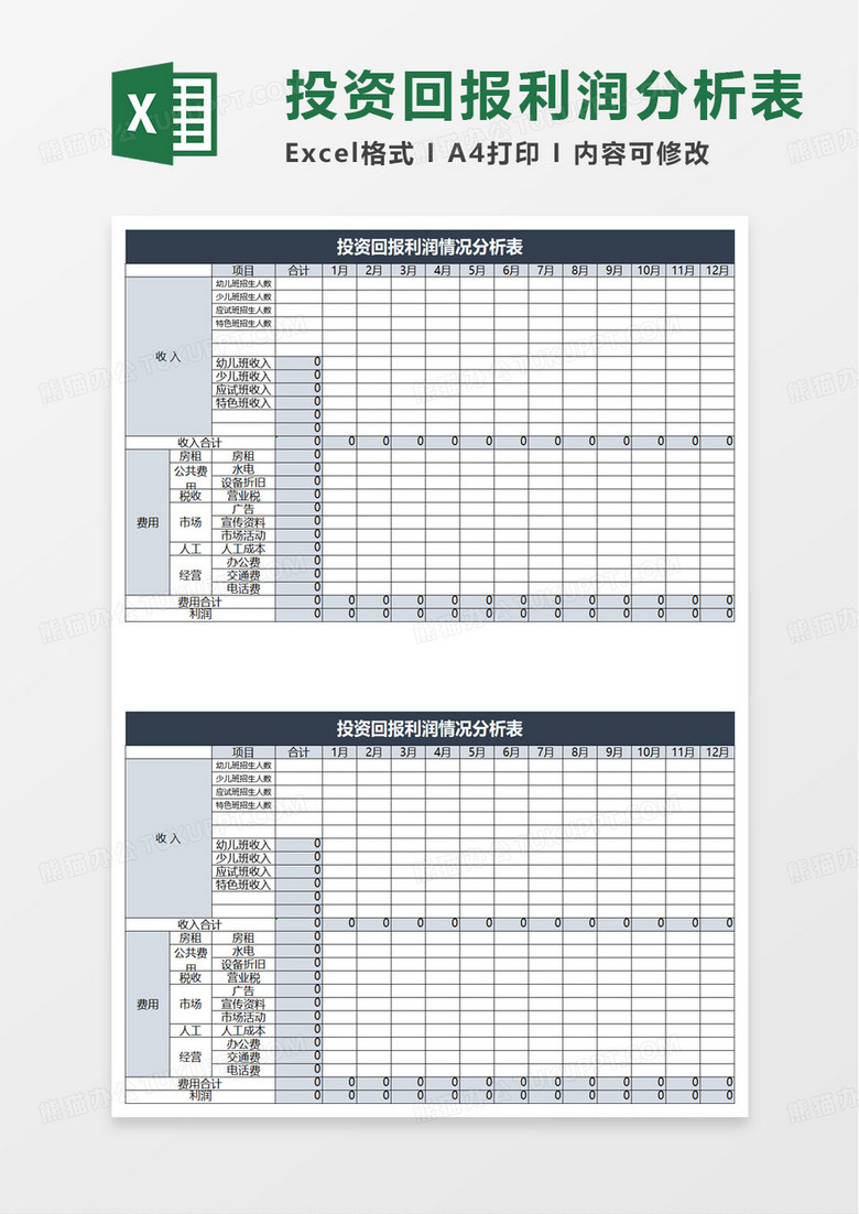实用投资回报利润情况分析表excel模板