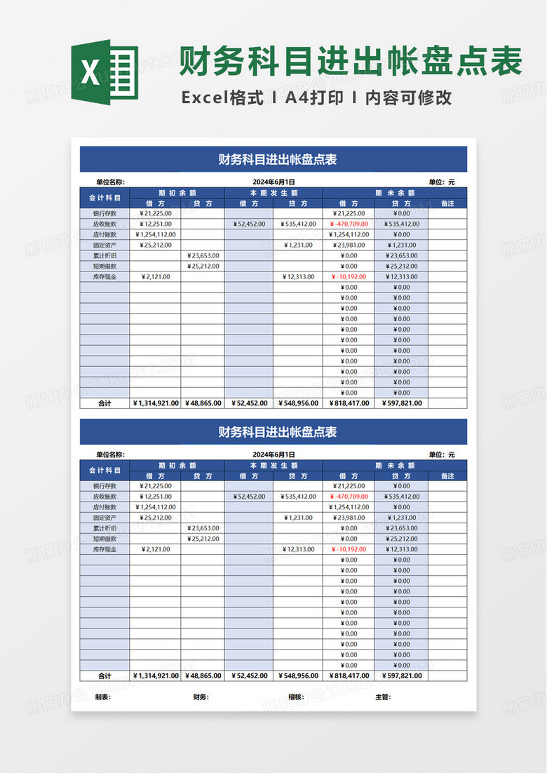 财务科目进出帐盘点表excel模板