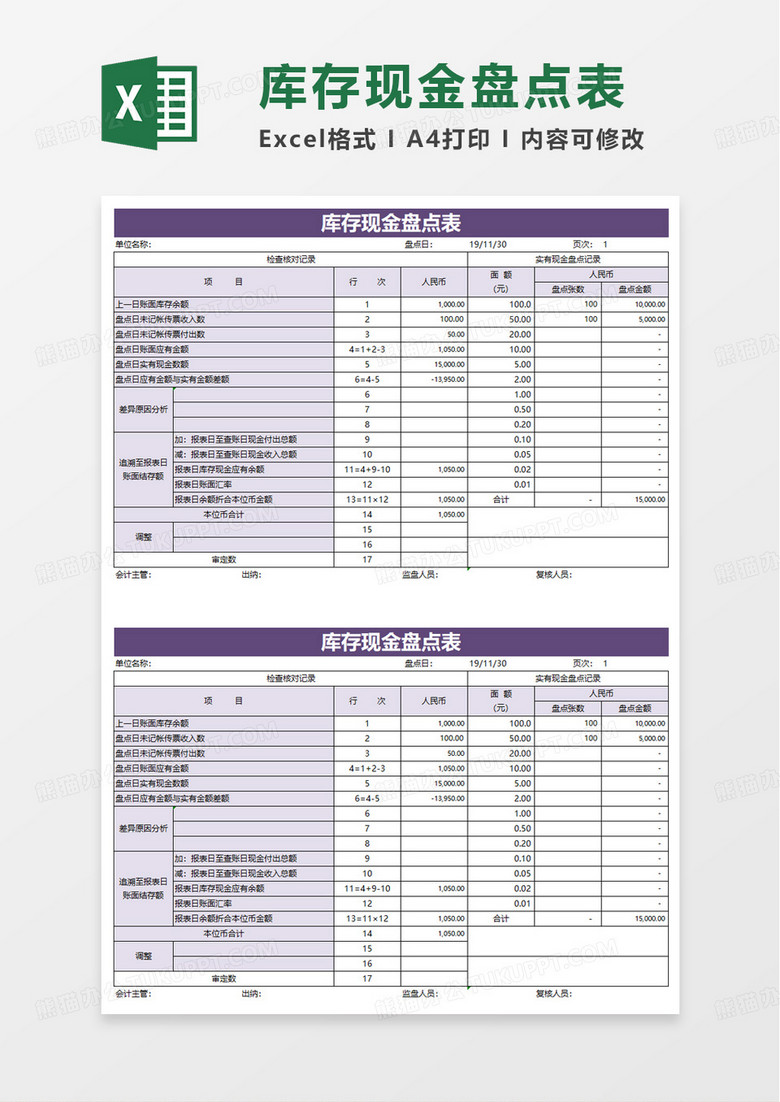 库存现金盘点表excel模板