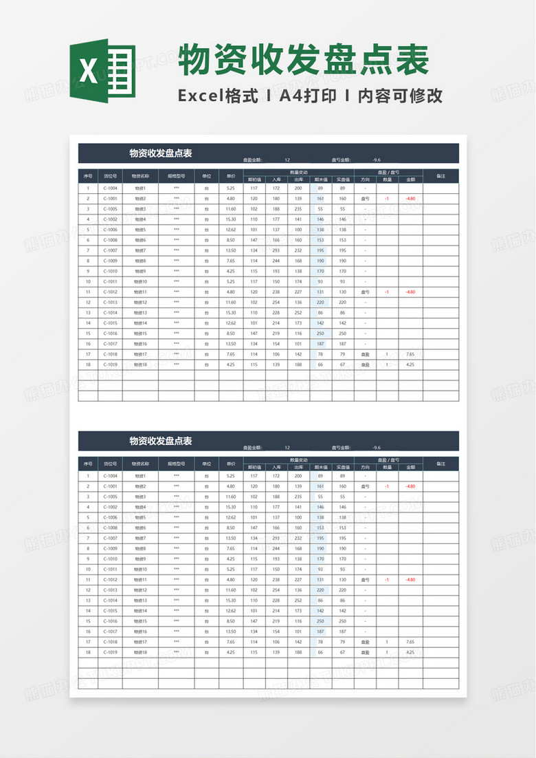 简洁实用物资收发盘点表excel模板