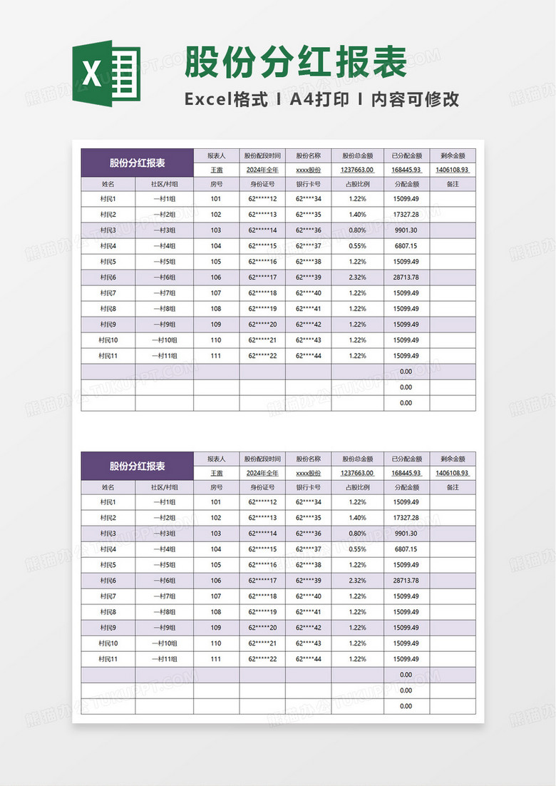 乡村社区股份分红报表excel模板