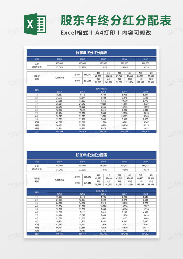 股东年终分红分配表excel模板