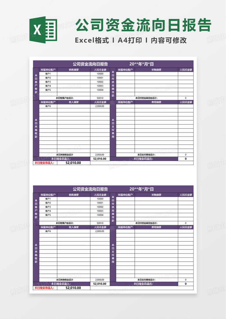 资金流向明细表excel模板