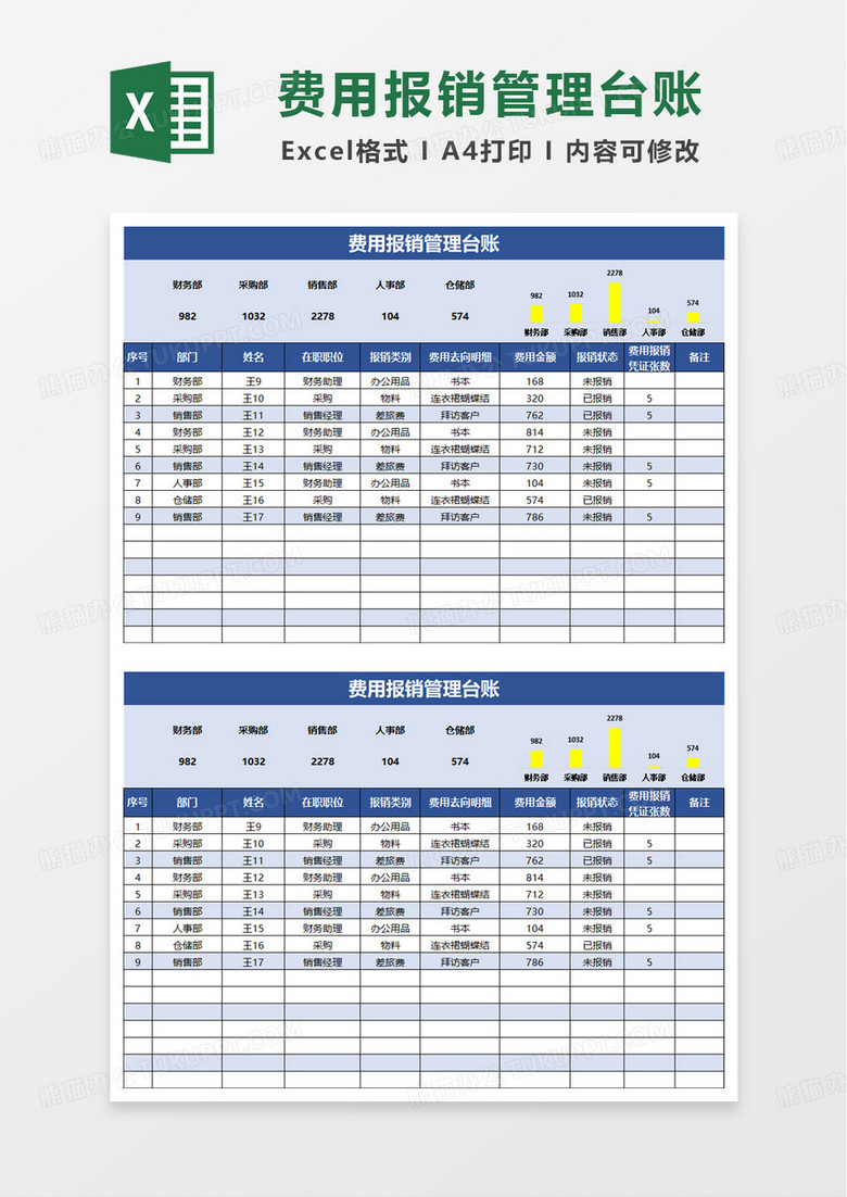 蓝色费用报销管理台账excel模板