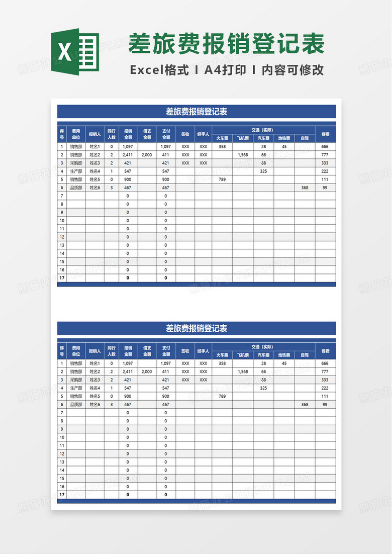 蓝色差旅费报销登记表excel模板