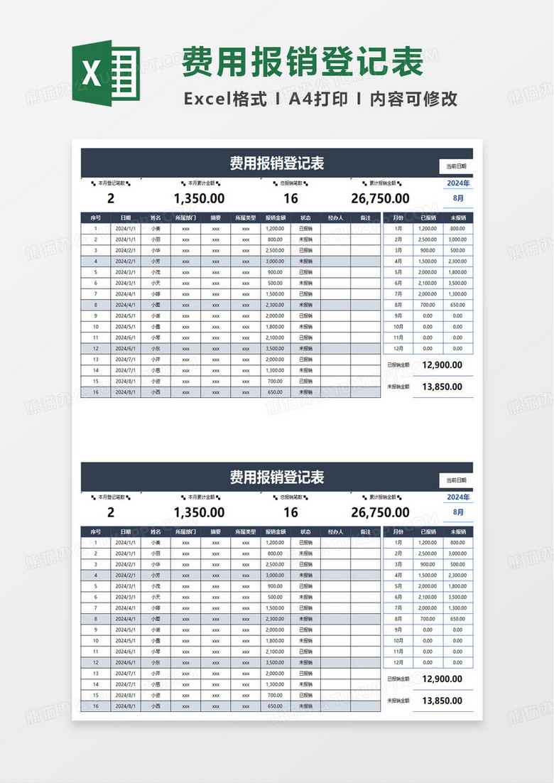 蓝色商务费用报销登记表excel模板