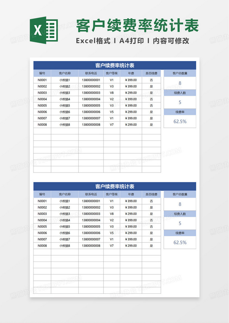 客户续费率统计表excel模板