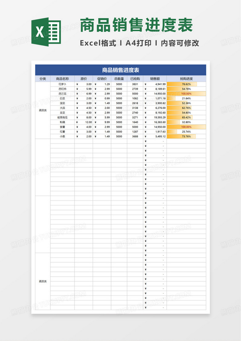 商品销售进度表excel模板