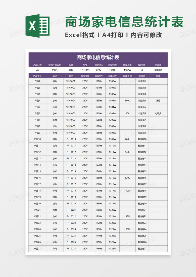 家电信息统计表excel模板