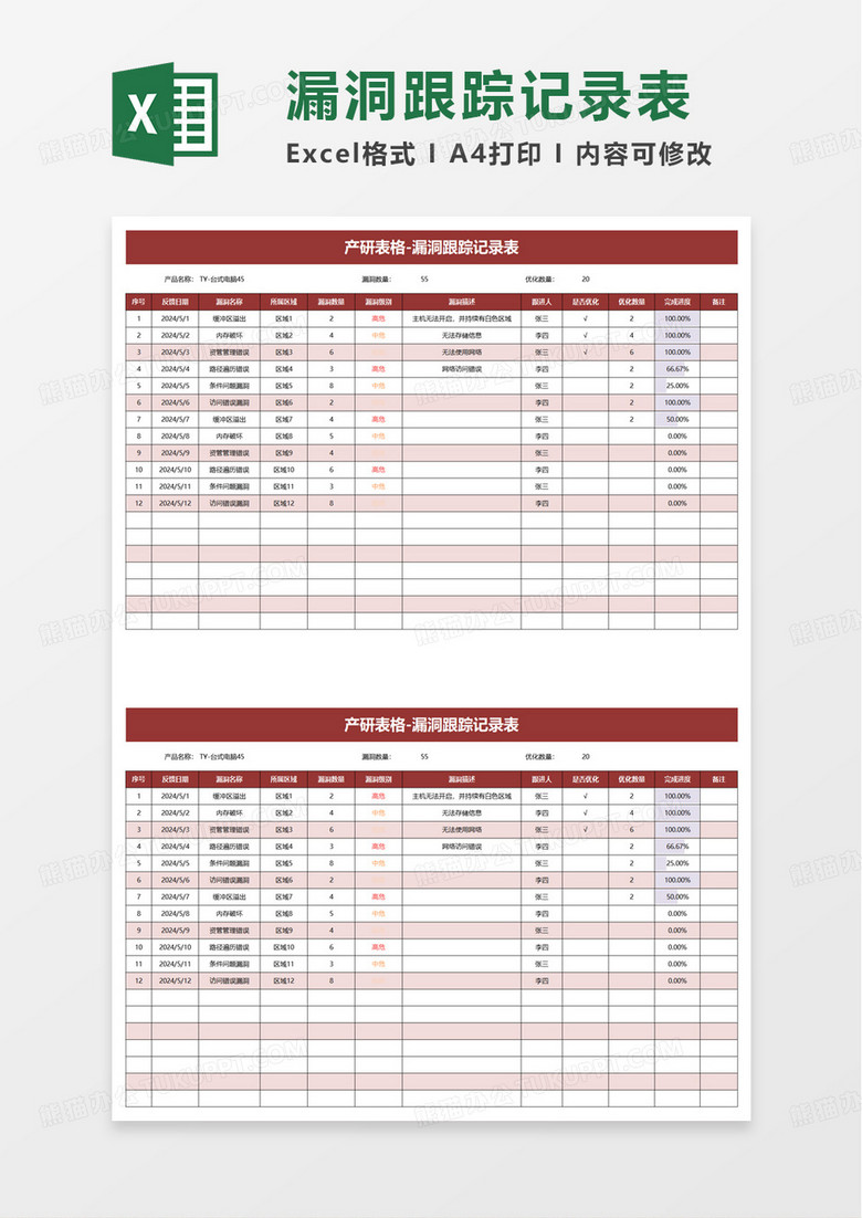 漏洞跟踪记录表excel模板