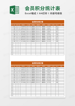 橙色会员积分统计表excel模板