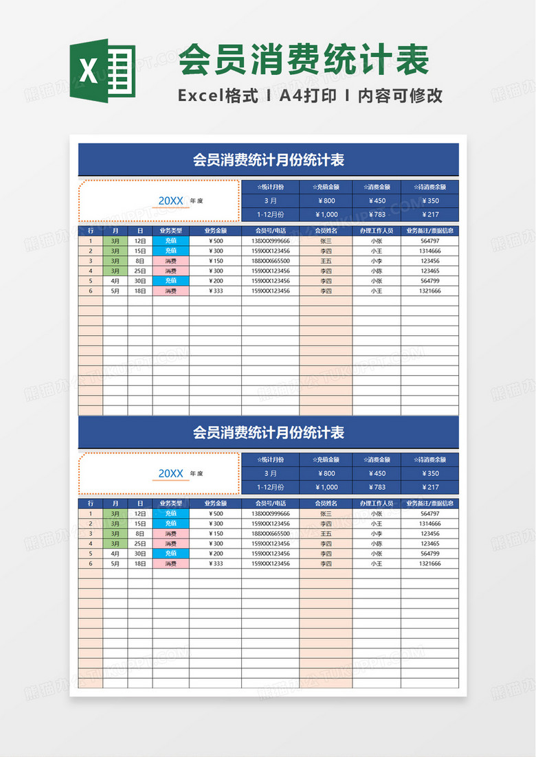 会员消费统计月份统计表excel模板