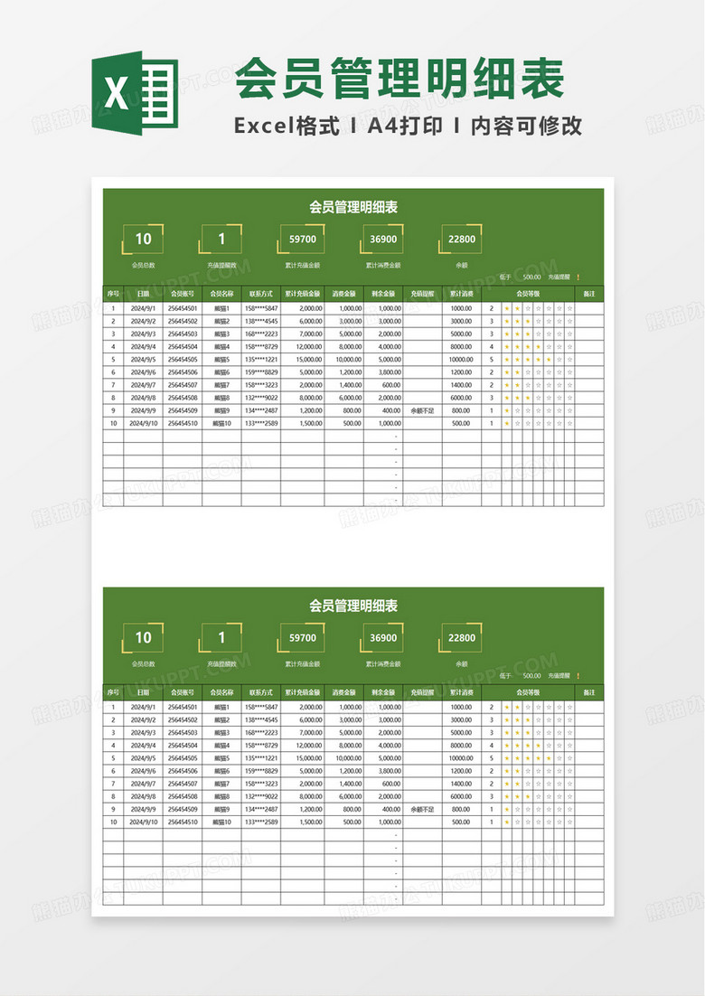 简洁会员管理明细表excel模板