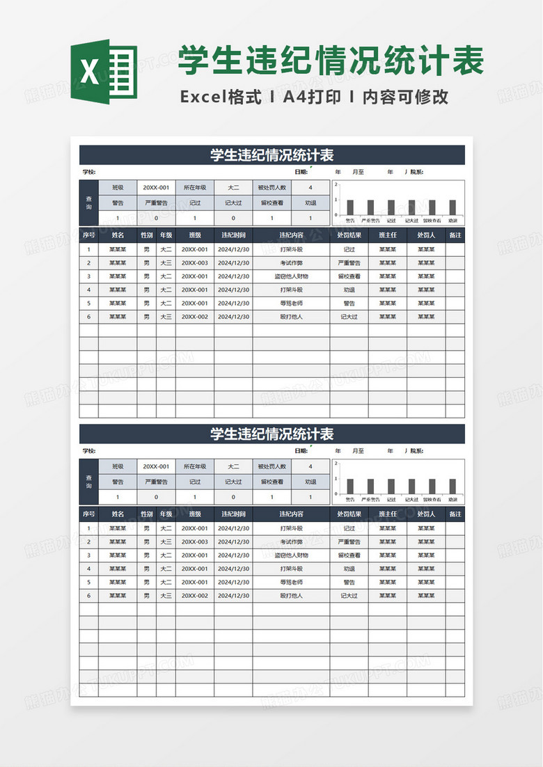 简约通用学生违纪情况统计表excel模板