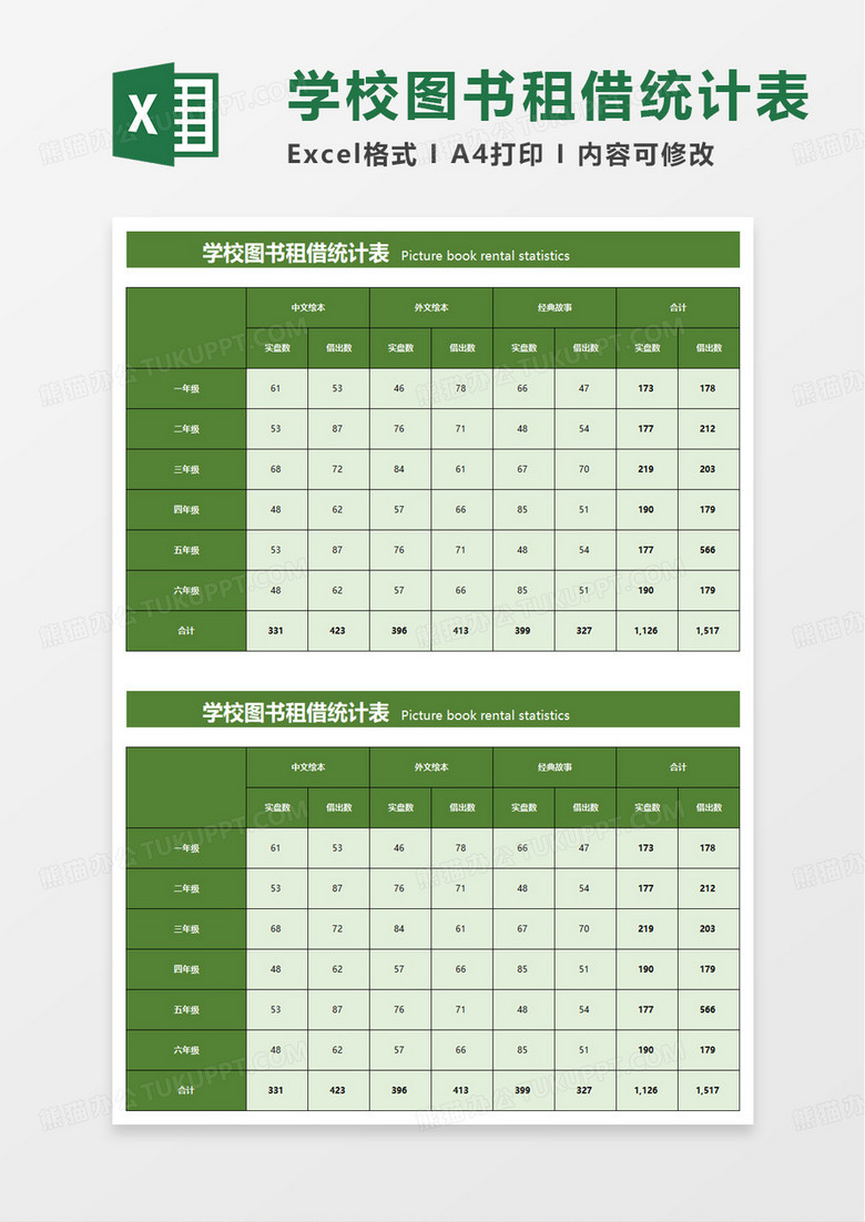 绿色系图书租借统计表excel模板