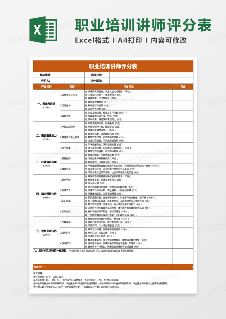 培训讲师评分表excel模板