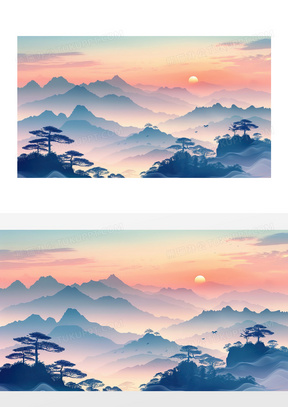 中国风黄山云海松树日出风景插画