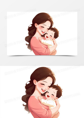 母亲节妈妈温柔的抱着孩子卡通免抠元素