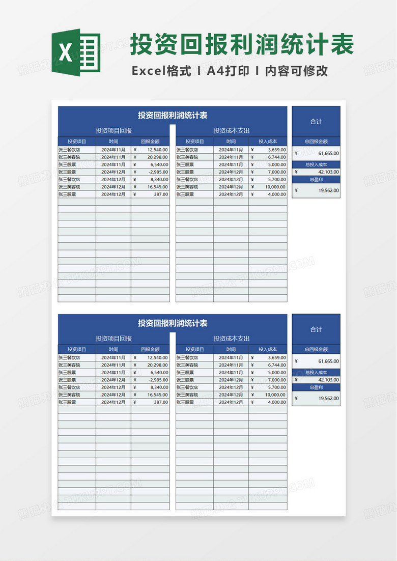 投资回报利润统计表excel模板