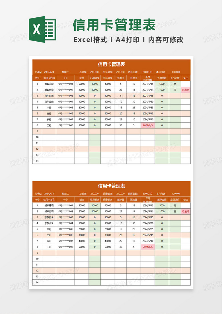 个人信用卡管理表excel模板