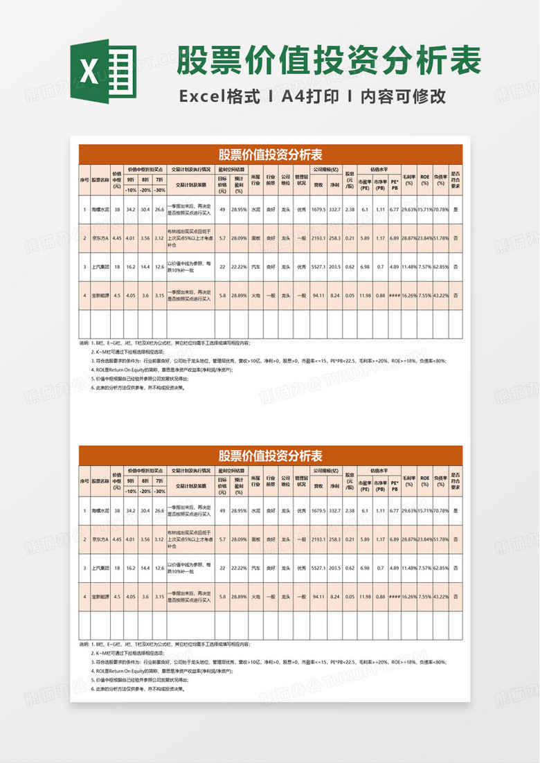 股票价值投资分析表excel